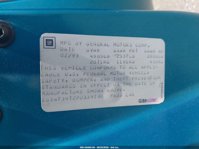 1993 Oldsmobile Cutlass Supreme მანქანა იყიდება აუქციონზე, vin: 1G3WT34T2PD339790, აუქციონის ნომერი: 45466149