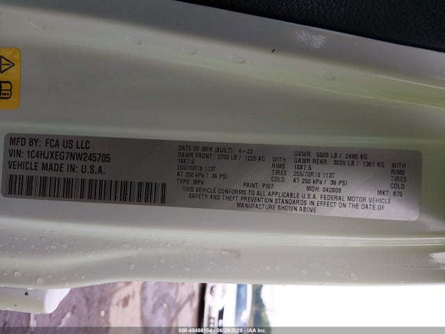 Продажа на аукционе авто 2022 Jeep Wrangler Unlimited Sahara 4x4, vin: 1C4HJXEG7NW245705, номер лота: 45466154