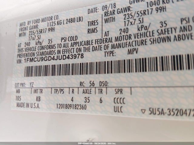 Ford ESCAPE SE 2018 1FMCU9GD4JUD43978 Image 9