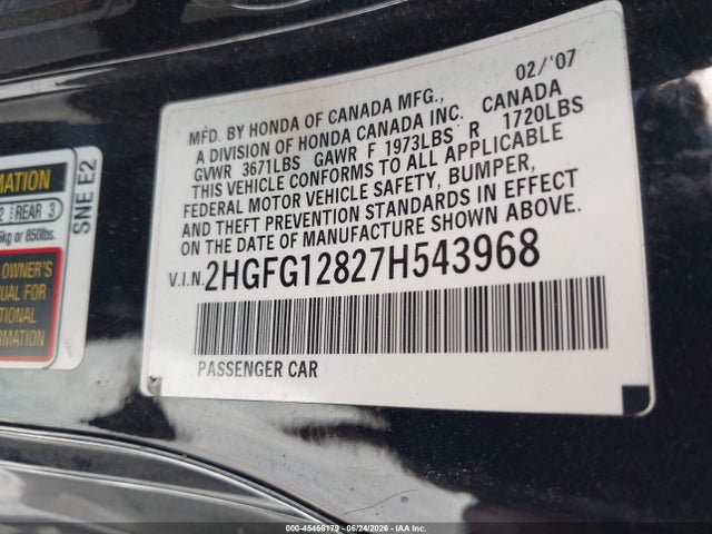 Auction sale of the 2007 Honda Civic Ex, vin: 2HGFG12827H543968, lot number: 45466179