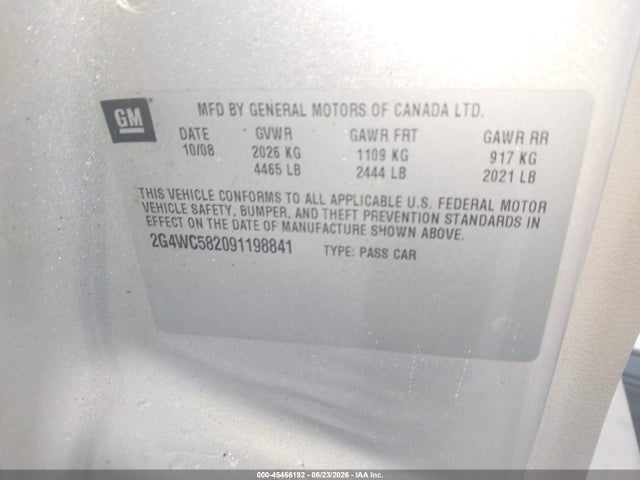 45466192 :رقم المزاد ، 2G4WC582091198841 vin ، 2009 Buick Lacrosse Cx مزاد بيع