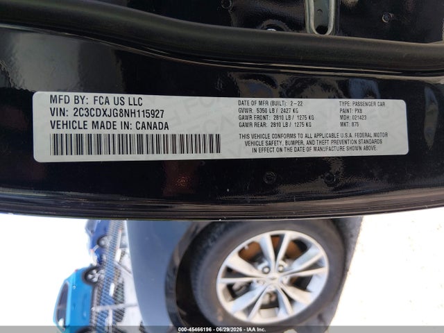 2022 Dodge Charger Sxt Awd მანქანა იყიდება აუქციონზე, vin: 2C3CDXJG8NH115927, აუქციონის ნომერი: 45466196