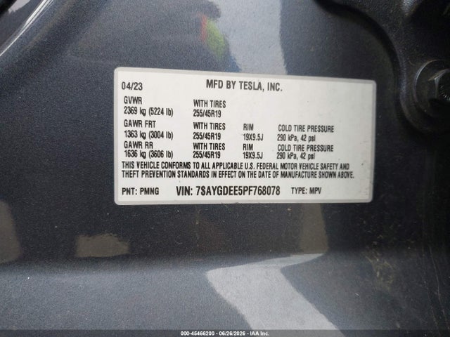 Aukcja sprzedaży 2023 Tesla Model Y Awd/long Range Dual Motor All-wheel Drive, vin: 7SAYGDEE5PF768078, numer aukcji: 45466200