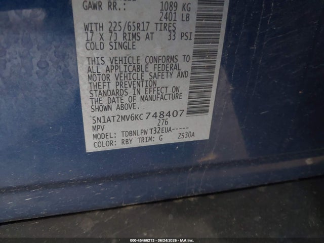Продажа на аукционе авто 2019 Nissan Rogue S, vin: 5N1AT2MV6KC748407, номер лота: 45466213