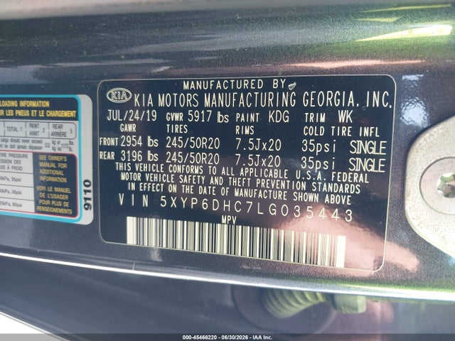 45466220 :رقم المزاد ، 5XYP6DHC7LG035443 vin ، 2020 Kia Telluride S مزاد بيع