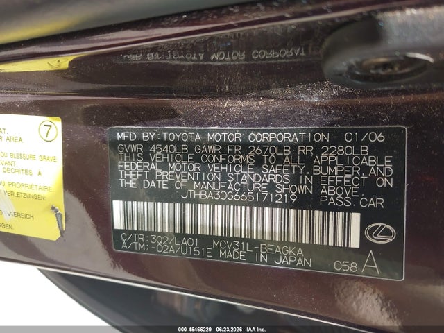 45466229 :رقم المزاد ، JTHBA30G665171219 vin ، 2006 Lexus Es 330 مزاد بيع