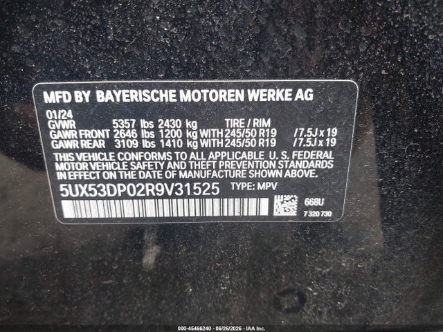 45466240 :رقم المزاد ، 5UX53DP02R9V31525 vin ، 2024 Bmw X3 Xdrive30i مزاد بيع