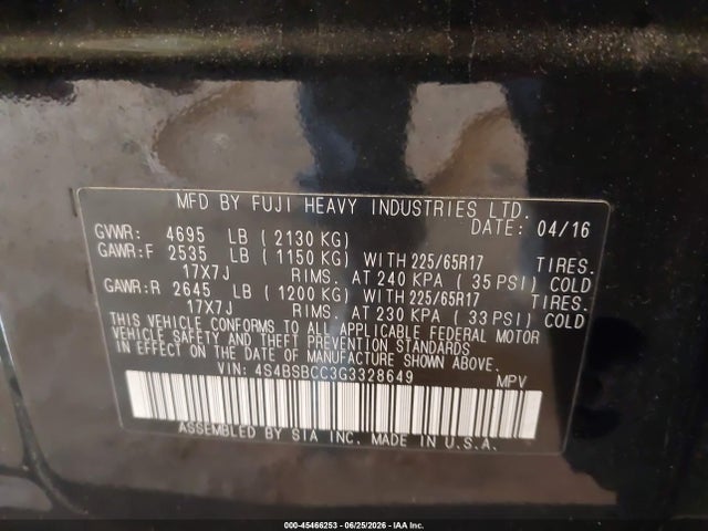 Продажа на аукционе авто 2016 Subaru Outback 2.5i Premium, vin: 4S4BSBCC3G3328649, номер лота: 45466253