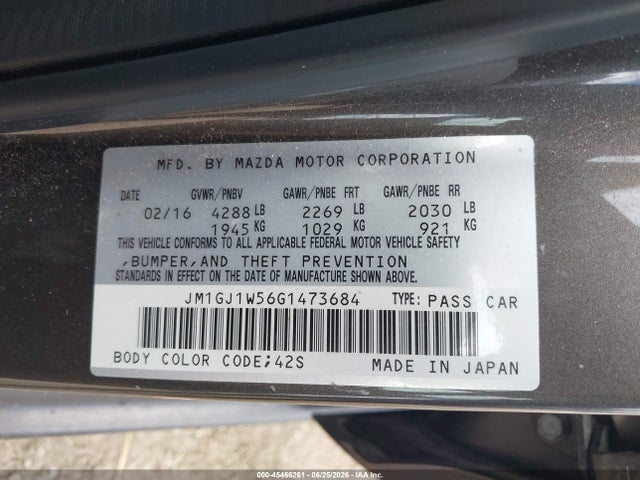 45466261 :رقم المزاد ، JM1GJ1W56G1473684 vin ، 2016 Mazda Mazda6 I Grand Touring مزاد بيع