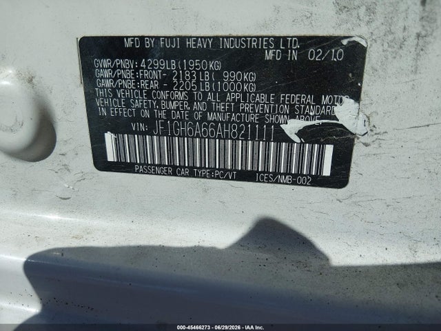 2010 Subaru Impreza 2.5i მანქანა იყიდება აუქციონზე, vin: JF1GH6A66AH821111, აუქციონის ნომერი: 45466273