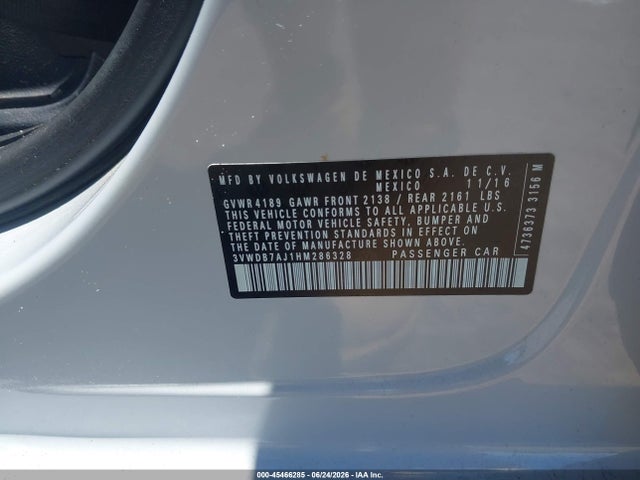 2017 Volkswagen Jetta 1.4t Se მანქანა იყიდება აუქციონზე, vin: 3VWDB7AJ1HM286328, აუქციონის ნომერი: 45466285