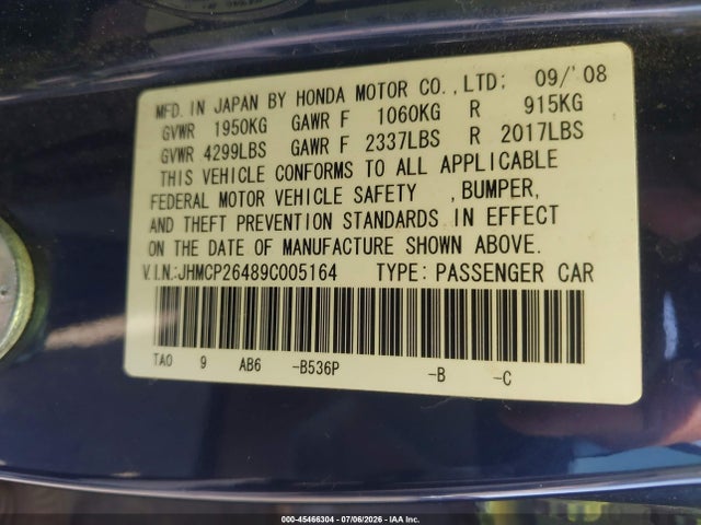 45466304 :رقم المزاد ، JHMCP26489C005164 vin ، 2009 Honda Accord 2.4 Lx-p مزاد بيع