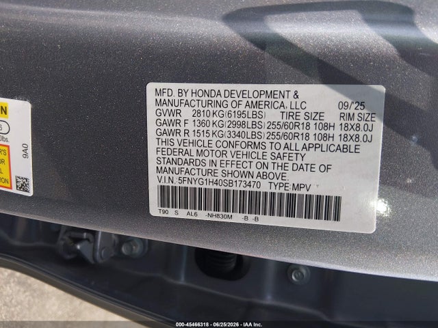 45466318 :رقم المزاد ، 5FNYG1H40SB173470 vin ، 2025 Honda Pilot Ex-l مزاد بيع