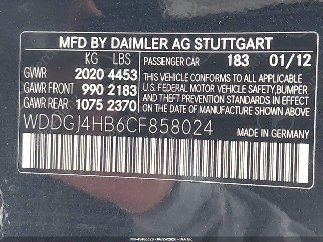 45466329 :رقم المزاد ، WDDGJ4HB6CF858024 vin ، 2012 Mercedes-benz C 250 مزاد بيع