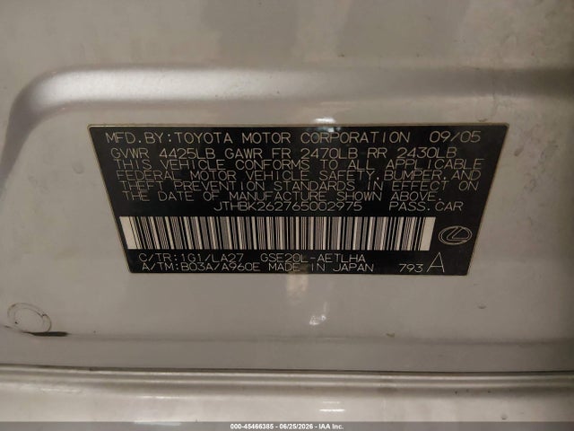 45466385 :رقم المزاد ، JTHBK262765002975 vin ، 2006 Lexus Is 250 مزاد بيع