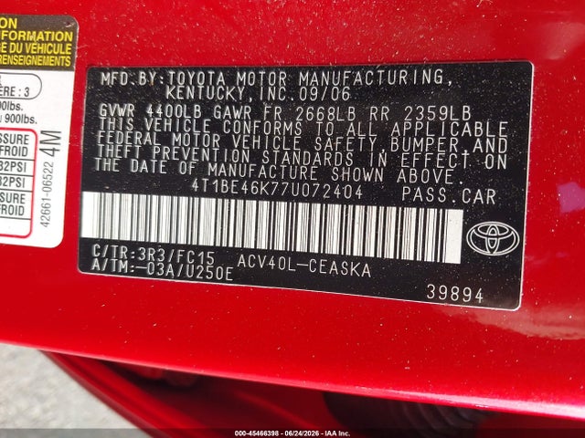 2007 Toyota Camry Se მანქანა იყიდება აუქციონზე, vin: 4T1BE46K77U072404, აუქციონის ნომერი: 45466398