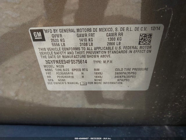 45466407 :رقم المزاد ، 3GYFNEE34FS575614 vin ، 2015 Cadillac Srx Luxury Collection مزاد بيع