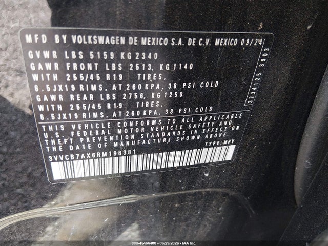 45466408 :رقم المزاد ، 3VVCB7AX6RM198381 vin ، 2024 Volkswagen Tiguan 2.0t Se R-line Black مزاد بيع