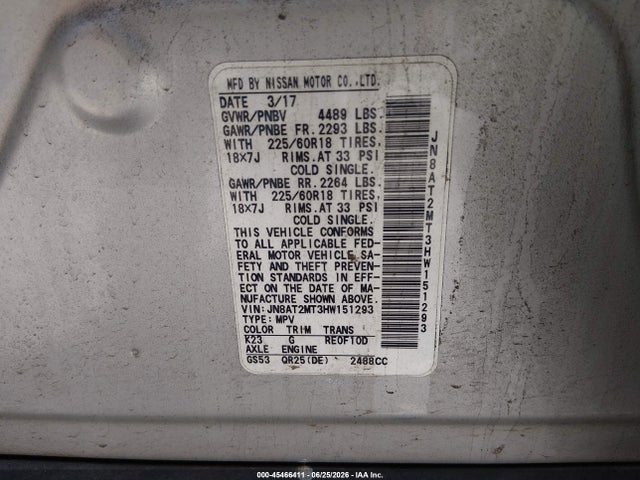45466411 :رقم المزاد ، JN8AT2MT3HW151293 vin ، 2017 Nissan Rogue Sl مزاد بيع