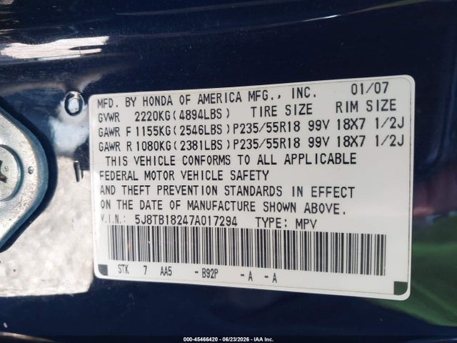 Aukcja sprzedaży 2007 Acura Rdx, vin: 5J8TB18247A017294, numer aukcji: 45466420