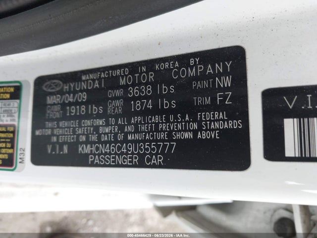Aukcja sprzedaży 2009 Hyundai Accent Gls, vin: KMHCN46C49U355777, numer aukcji: 45466429