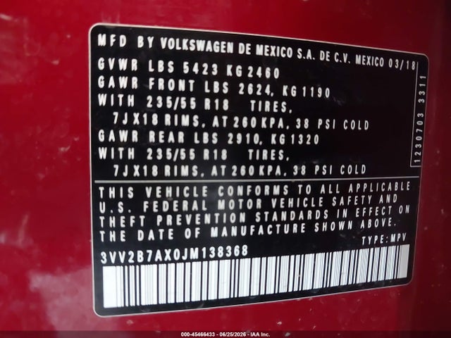 3VV2B7AX0JM138368 Volkswagen Tiguan 2.0t Se/2.0t Sel