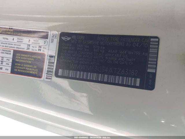 Aukcja sprzedaży 2010 Mini Cooper, vin: WMWMF3C54ATZ63182, numer aukcji: 45466462