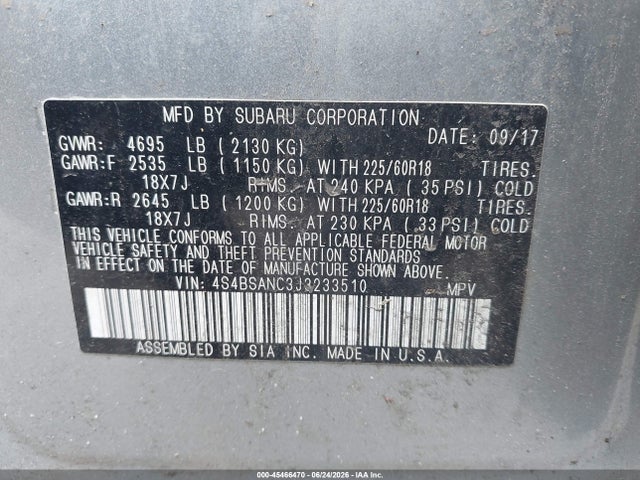Продажа на аукционе авто 2018 Subaru Outback 2.5i Limited, vin: 4S4BSANC3J3233510, номер лота: 45466470
