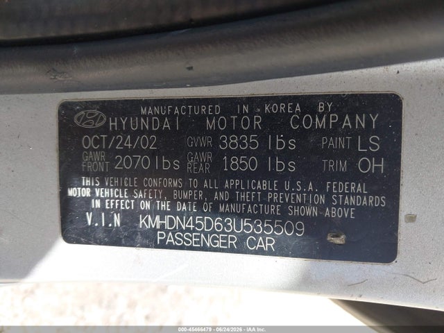 Продажа на аукционе авто 2003 Hyundai Elantra Gls/gt, vin: KMHDN45D63U535509, номер лота: 45466479
