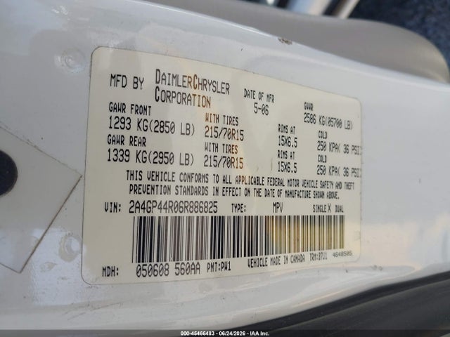 Продажа на аукционе авто 2006 Chrysler Town & Country Lx, vin: 2A4GP44R06R886825, номер лота: 45466483