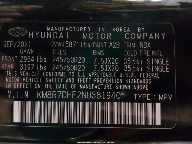 2022 Hyundai Palisade Calligraphy მანქანა იყიდება აუქციონზე, vin: KM8R7DHE2NU381940, აუქციონის ნომერი: 45466485