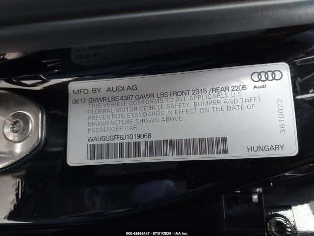 Aukcja sprzedaży 2018 Audi A3 2.0t Premium/2.0t Tech Premium, vin: WAUGUGFF6J1019068, numer aukcji: 45466487