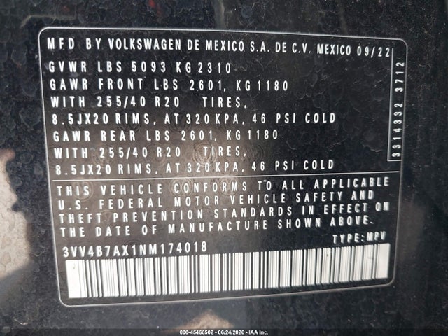 45466502 :رقم المزاد ، 3VV4B7AX1NM174018 vin ، 2022 Volkswagen Tiguan 2.0t Sel R-line مزاد بيع
