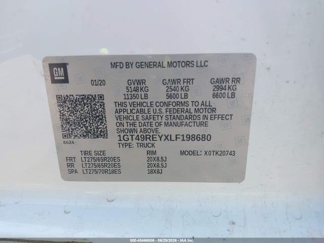 2020 Gmc Sierra 2500hd მანქანა იყიდება აუქციონზე, vin: 1GT49REYXLF198680, აუქციონის ნომერი: 45466506