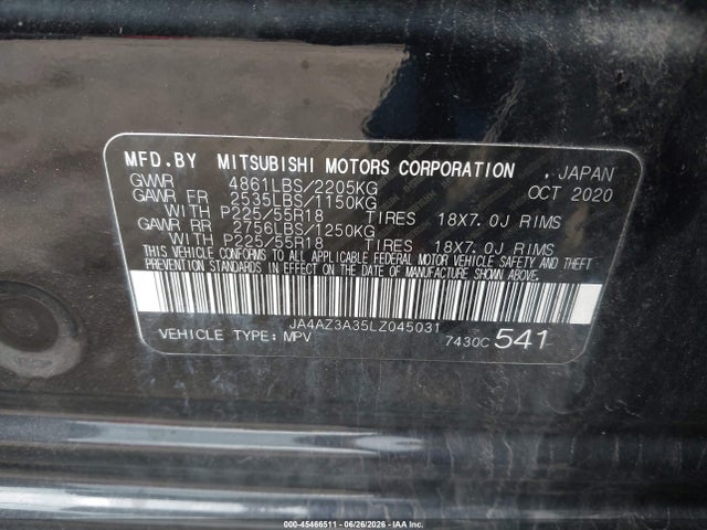 Auction sale of the 2020 Mitsubishi Outlander Es 2.4 S-awc/le 2.4 S-awc/se 2.4 S-awc/sel 2.4 S-awc/sp 2.4 S-awc, vin: JA4AZ3A35LZ045031, lot number: 45466511
