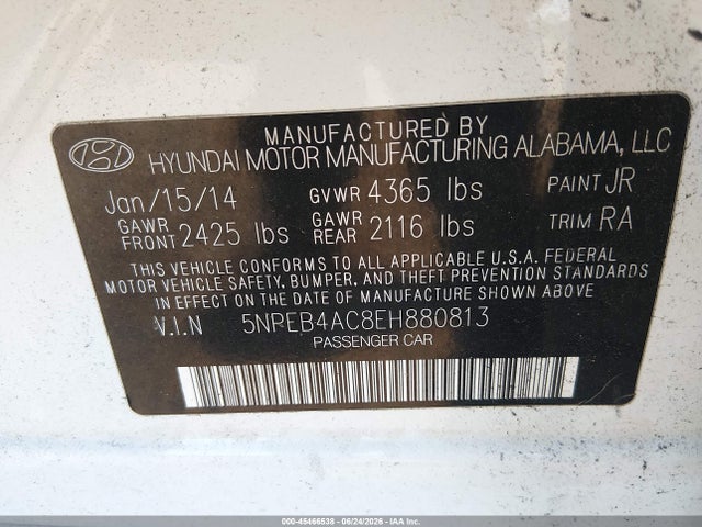 45466538 :رقم المزاد ، 5NPEB4AC8EH880813 vin ، 2014 Hyundai Sonata Gls مزاد بيع