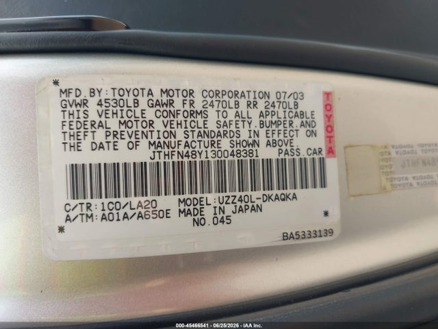 Продажа на аукционе авто 2003 Lexus Sc 430, vin: JTHFN48Y130048381, номер лота: 45466541