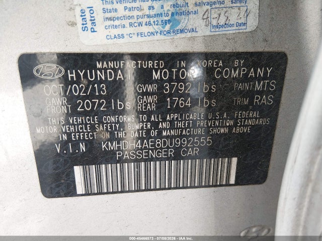 Aukcja sprzedaży 2013 Hyundai Elantra Gls, vin: KMHDH4AE8DU992555, numer aukcji: 45466573