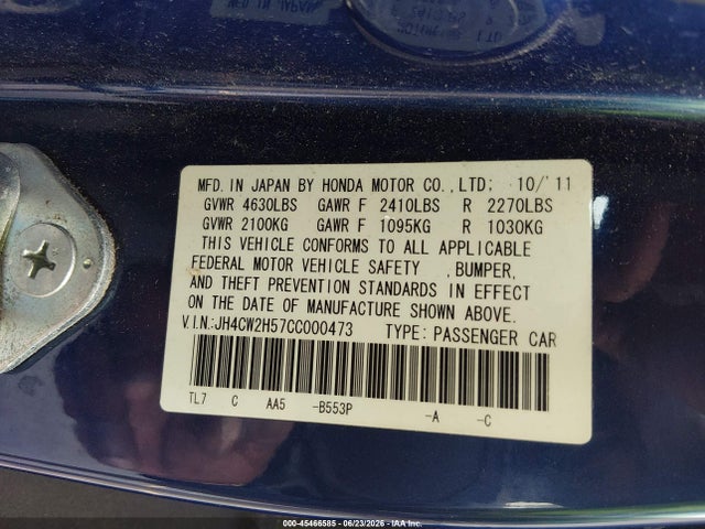 Продажа на аукционе авто 2012 Acura Tsx 2.4, vin: JH4CW2H57CC000473, номер лота: 45466585