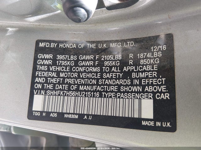 Honda CIVIC EX 2017 SHHFK7H56HU215116 Image 9