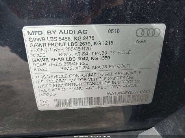 45466608 :رقم المزاد ، WA1BNAFY5J2197096 vin ، 2018 Audi Q5 2.0t Premium/2.0t Tech Premium مزاد بيع
