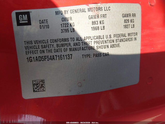 Продажа на аукционе авто 2010 Chevrolet Cobalt Lt, vin: 1G1AD5F54A7161137, номер лота: 45466653