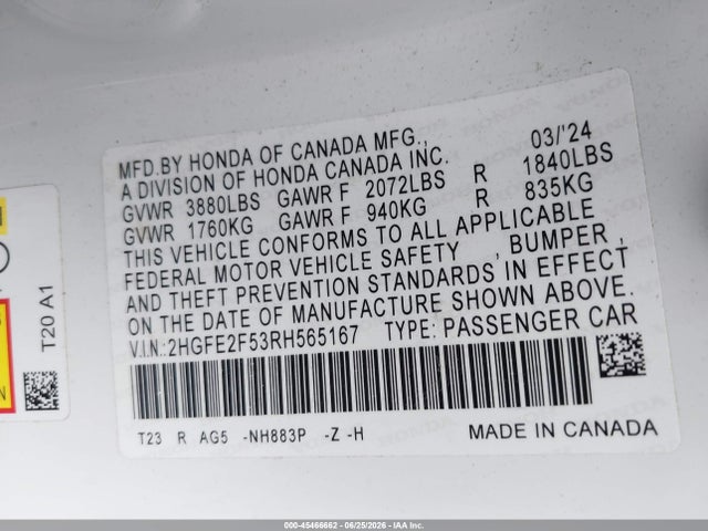 2HGFE2F53RH565167 Honda Civic Sport