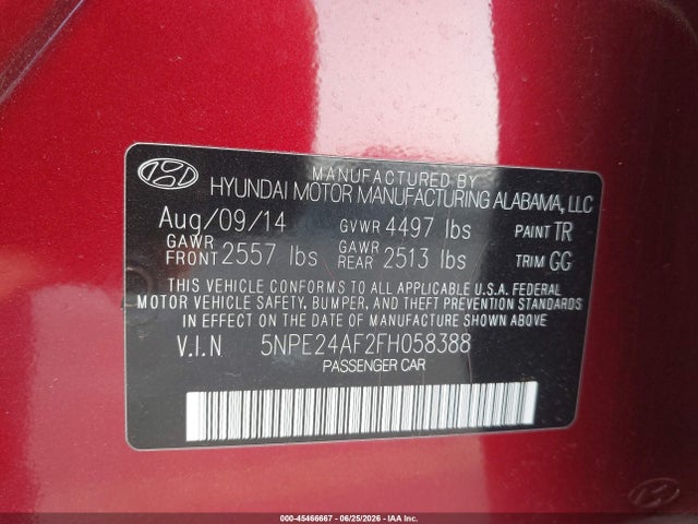 Hyundai SONATA SE 2015 5NPE24AF2FH058388 Image 9