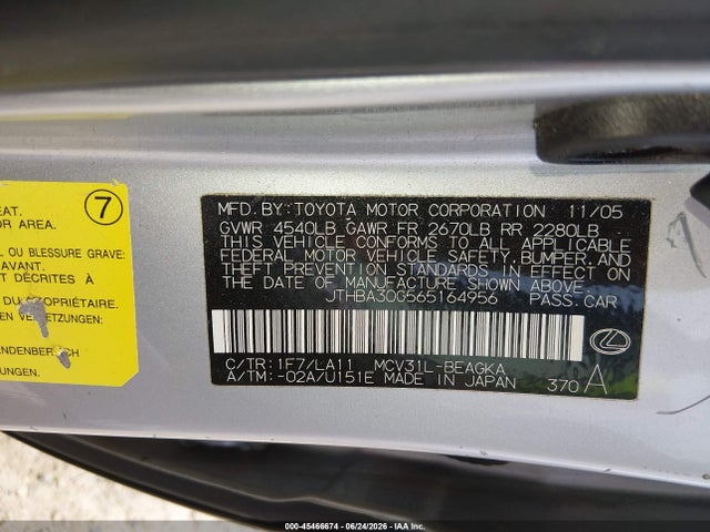 Aukcja sprzedaży 2006 Lexus Es 330, vin: JTHBA30G565164956, numer aukcji: 45466674