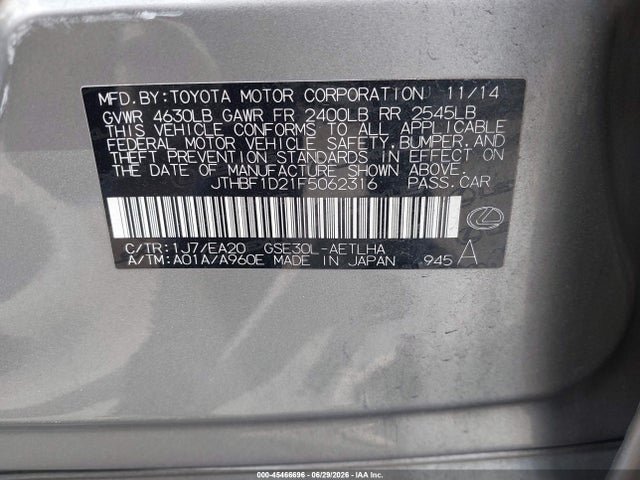 45466696 :رقم المزاد ، JTHBF1D21F5062316 vin ، 2015 Lexus Is 250 مزاد بيع