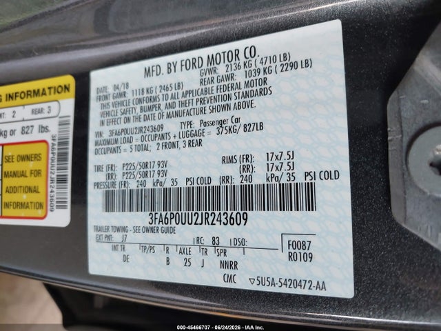 3FA6P0UU2JR243609 Ford Fusion Hybrid S