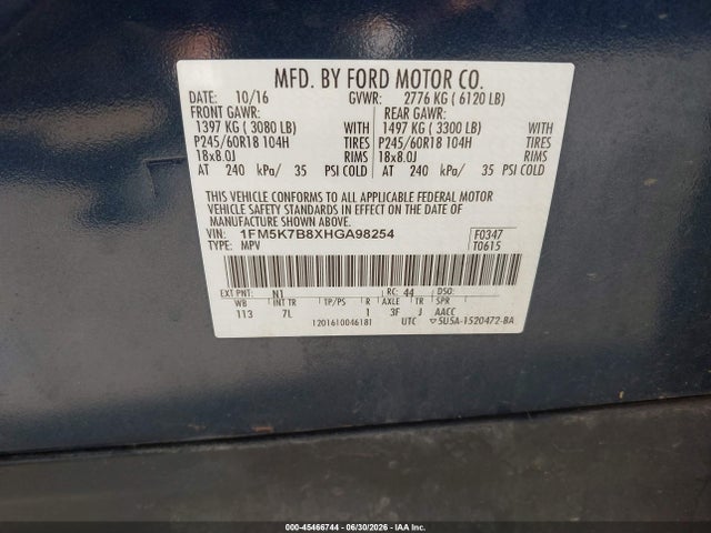 Продажа на аукционе авто 2017 Ford Explorer, vin: 1FM5K7B8XHGA98254, номер лота: 45466744