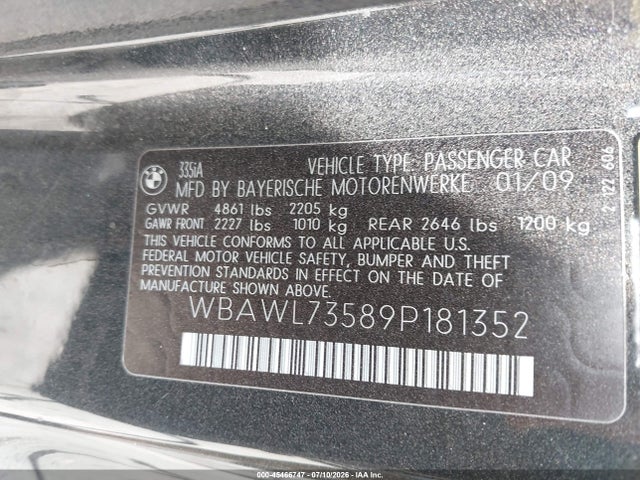 2009 Bmw 335i მანქანა იყიდება აუქციონზე, vin: WBAWL73589P181352, აუქციონის ნომერი: 45466747