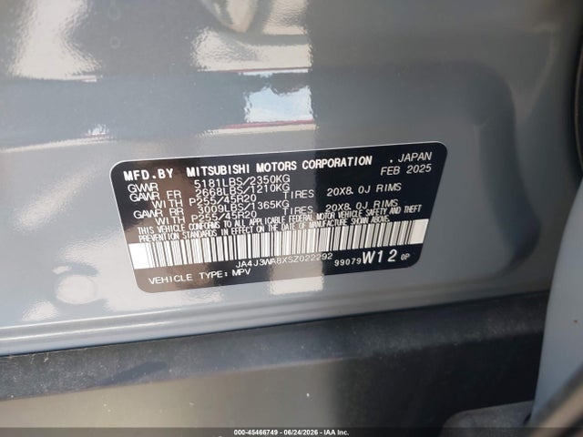 Продажа на аукционе авто 2025 Mitsubishi Outlander Sel 2.5 2wd, vin: JA4J3WA8XSZ022292, номер лота: 45466749